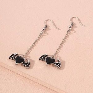 Black Winged Heart Chain Drop Earrings